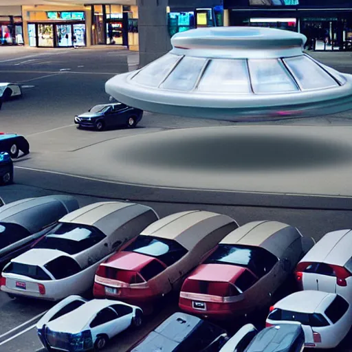 Image similar to a photo of a ufo parked amidst cars at a mall parking lot, misterious, volumetric lighting