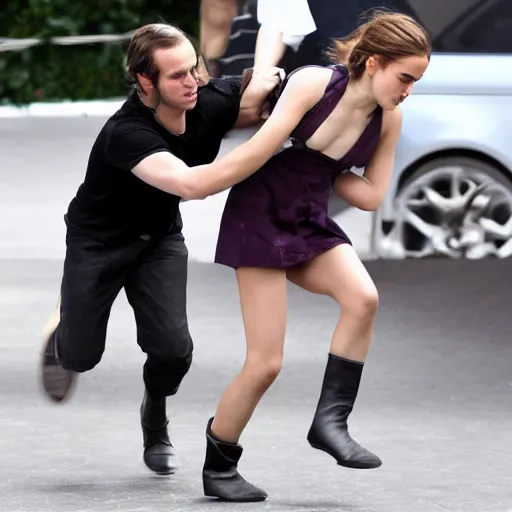 Image similar to emma watson grappling big foot to the ground, blurry focus