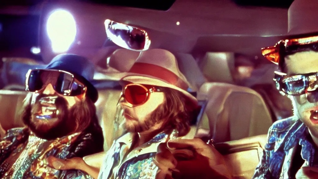 Prompt: fear and loathing in las vegas, 1 9 7 5, cinematic lighting, ultra realistic, panavision, wide screen, saturated color, seventies cinema, vintage science fiction cinema