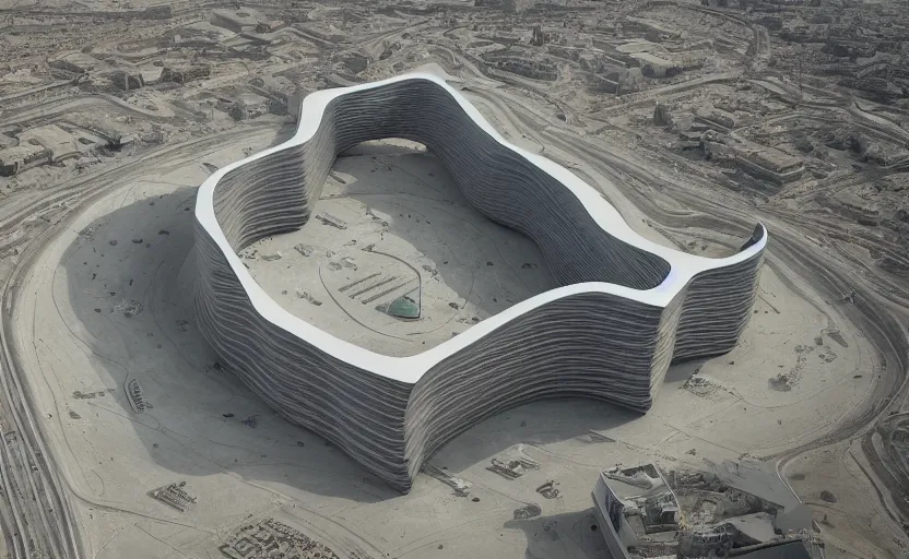 Prompt: parametric structure, medical complex, in the desert beside the gulf, view from above, design by bruce wayne, dezeen, architectural photography