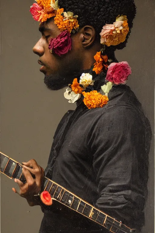 Prompt: a black young man's face in profile, with a guitar made of flowers and fruit, in the style of the Dutch masters and Alec Soth, dark and moody