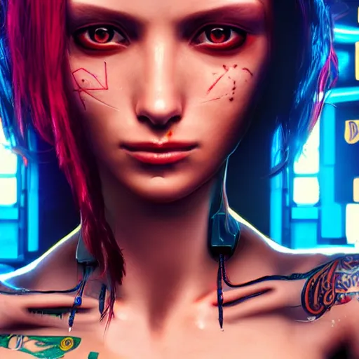 Prompt: Portrait of Robot Girl with long red hair and a tattoo in the style of the game CYBERPUNK 2077 , very beautiful Enga style, the girl is wrapped in color, photorealism