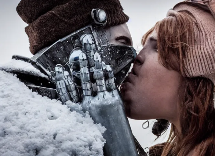 Image similar to a beautiful, cold metal robot that is kissing a cinematographer