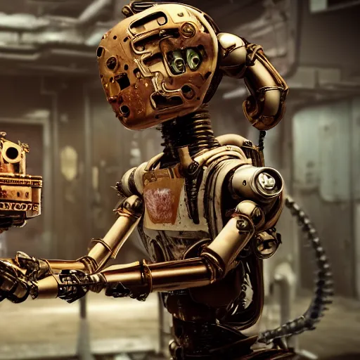 Prompt: a rusting female android holds a broken toaster in her arms, steampunk, android with gears and springs falling out, highly detailed robotic anatomy, high resolution film still, movie by Denis Villeneuve