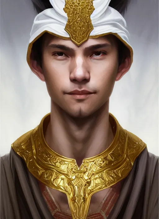 Image similar to symmetry!! d & d portrait of a young hin male cleric, white robe with gold accents, light brown hair pony tail, wry smirk, brown, gold and white cloak, necklace, elegant, highly detailed, digital painting, artstation, concept art, smooth, sharp focus, illustration, art by artgerm and greg rutkowski and alphonse mucha