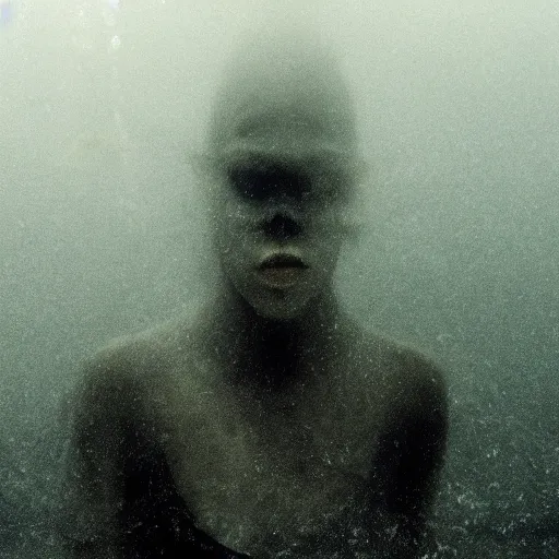 Image similar to sea monster about to eat pov underwater, pale skin, dark yellowish water, foggy water, dark, dramatic,'silent hill ', big eyes, alluring and terrifying, whole body cinematic