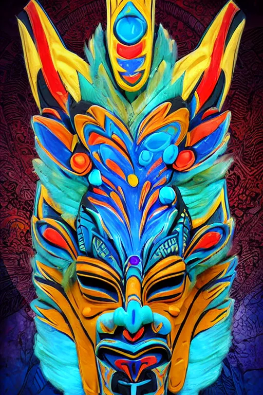 Image similar to totem animal tribal chaman vodoo mask feather gemstone plant video game illustration vivid colorful borderlands and by feng zhu radiating a glowing aura