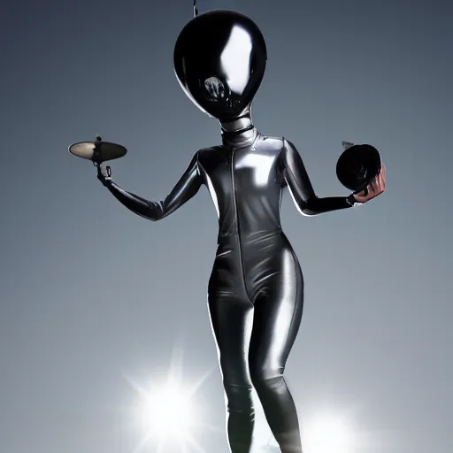 Image similar to a grey alien with large black eyes wearing tight black latex suit, standing next to a silver disk flying saucer, realistic picture, 8 k