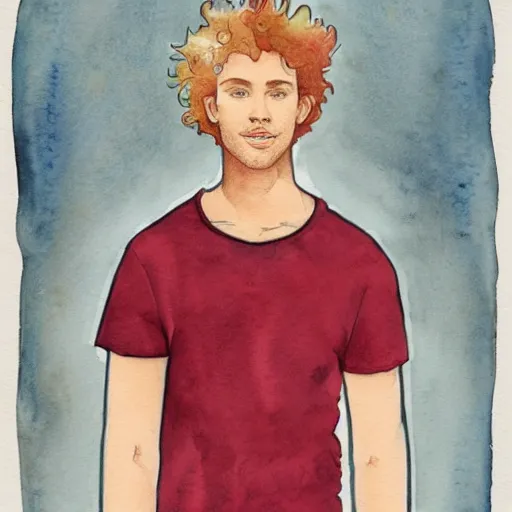 Image similar to abstract watercolor drawing of a young cute handsome beautiful strawberry blond medium very curly thick hair man in his early 2 0 s wearing a blank maroon t - shirt with grey - blue eyes, by elizabeth peyton and alphonse mucha, trending on artstation, artgen, tumblr