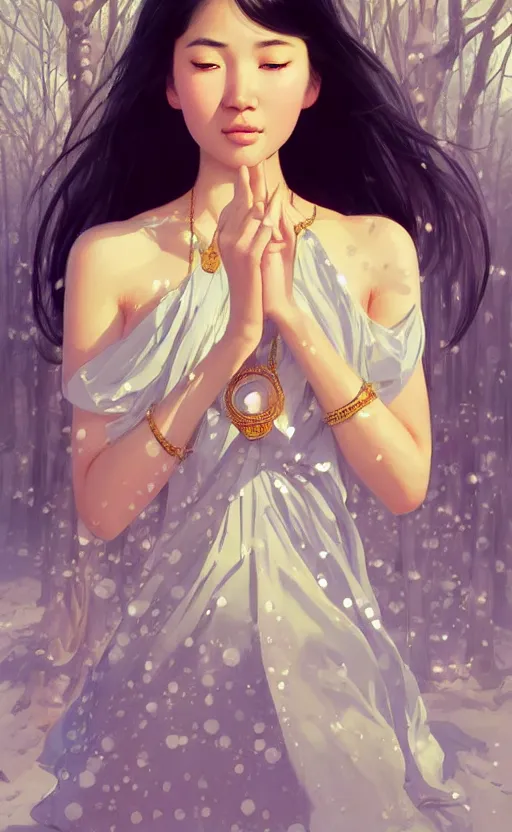 Image similar to a beautiful young charming asian goddess with sundress + jewelry + shinny eyes | | winter, symmetric, realistic shaded, unpleasant face, good looking, fine details, dior, lv, realistic shaded lighting poster by greg rutkowski, macoto takahashi, magali villeneuve, artgerm, jeremy lipkin and michael garmash