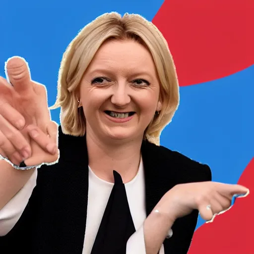 Prompt: liz truss pointing at poor people and laughing, photorealistic
