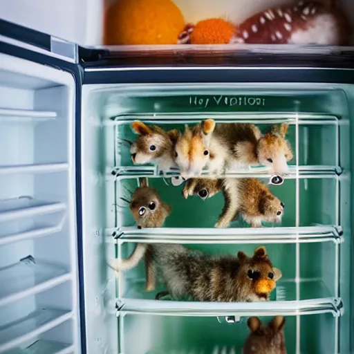 Image similar to a shelf in a refrigerator filled with miniature wild animals, hyper realistic, depth of field