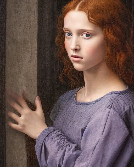 Prompt: a window - lit realistic portrait painting of a thoughtful girl resembling a young, shy, redheaded alicia vikander or millie bobby brown, lit by a window at the side, highly detailed, intricate, by leonardo davinci and boticelli