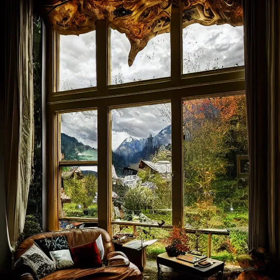 Prompt: fantastical living room with switzerland landscape in the window, beautiful dramatic lighting, overgrown with funghi, style by peter deligdisch, peterdraws