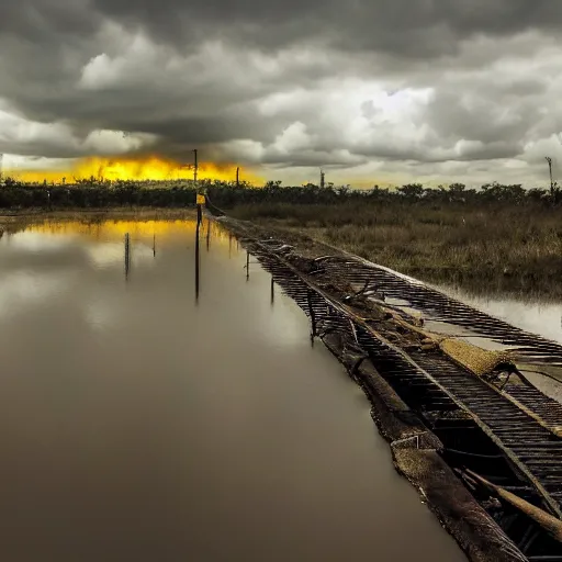 Image similar to post - apocalyptic magic kingdom, wasteland, submerged, monorail, abandoned, wet, swamp, swamp gas, nuclear fallout, yellow mist, yellow sky, dark clouds, walt disney world, highly detailed, intricate, 8 k