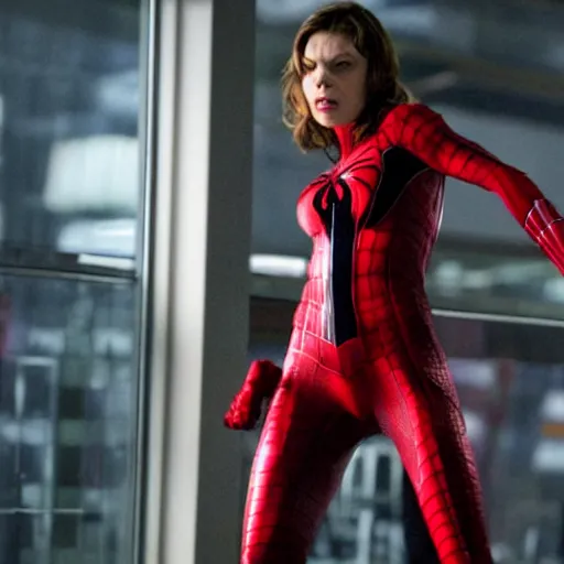 Prompt: Mila Jovovich as spiderwoman , film still, best scene,