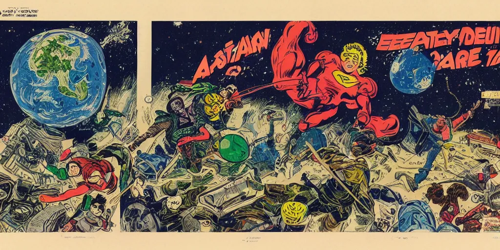 Prompt: a highly detailed beautiful portrait of marsman attacking earth, retro, vintage, comic book seventies