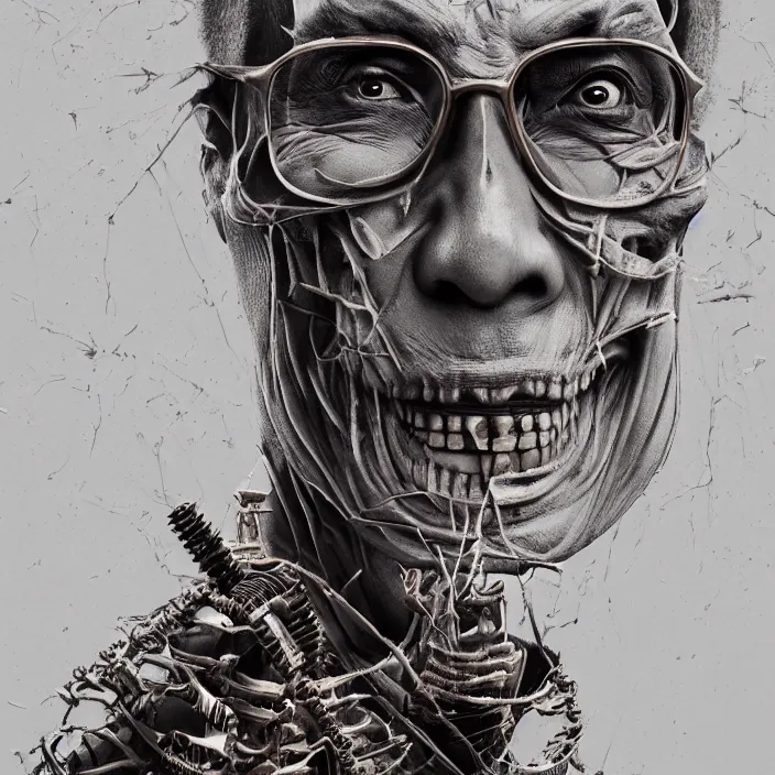 Image similar to portrait of Dalai Lama as skeleton. intricate abstract. intricate artwork. nightmare fuel. by Tooth Wu, wlop, beeple, dan mumford. octane render, trending on artstation, greg rutkowski very coherent symmetrical artwork. cinematic, hyper realism, high detail, octane render, 8k, iridescent accents