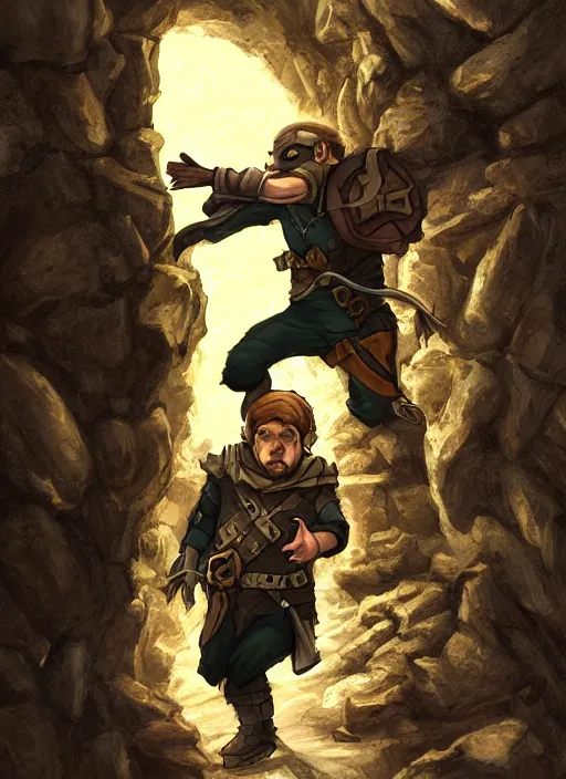 Image similar to A fantasy comic book roleplaying game style portrait painting of a halfling thief sneaking in a cavern, DAZ, hyperrealistic, ambient light, dynamic light