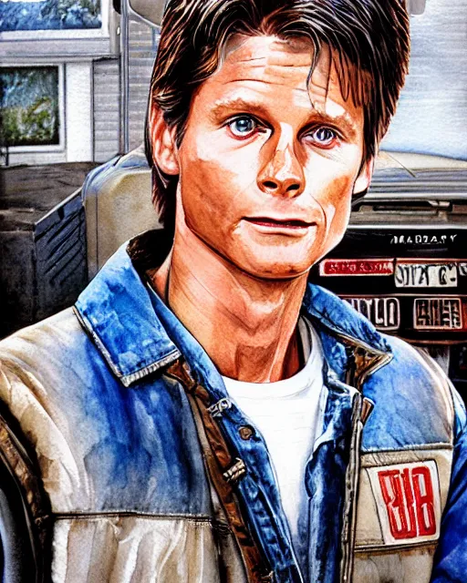 Prompt: photorealistic watercolor of marty mcfly from back to the future 2, in the style of steve hanks, highly detailedandintricate