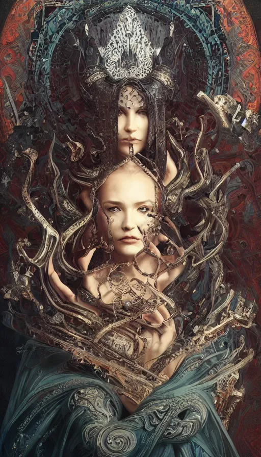 Image similar to seventh seal, fame of thrones, lord of daggers, neon, fibonacci, sweat drops, intricate fashion clothing, insane, intricate, highly detailed, surrealistic, digital painting, artstation, concept art, smooth, sharp focus, illustration, Unreal Engine 5, 8K, art by artgerm and greg rutkowski and alphonse mucha