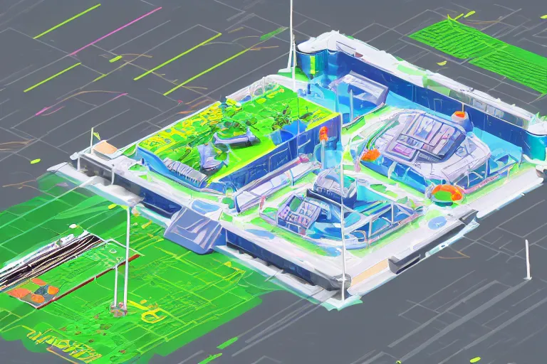 Image similar to isometric view of a futuristic high - tech sky arena inspired by modern skate parks and modern chinese playgrounds in the style of splatoon, day