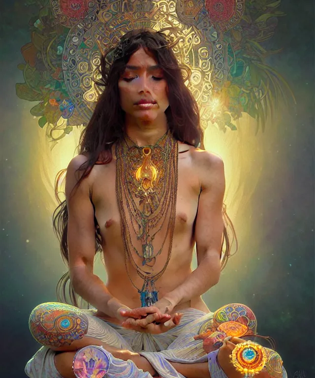 Image similar to a meditating new age hippie with beads and crystals, portrait, intricate, elegant, highly detailed, digital painting, artstation, concept art, smooth, sharp focus, illustration, art by artgerm and greg rutkowski and alphonse mucha