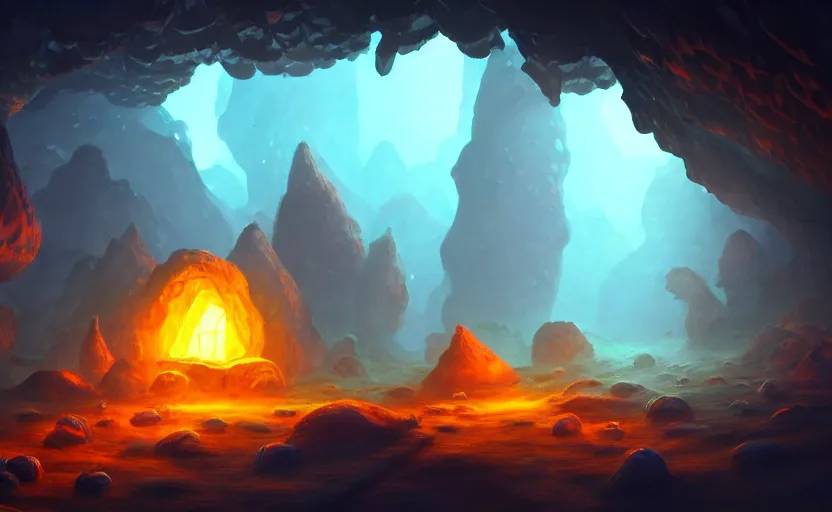 Image similar to a blurry ambient glowing crystal in the distance of a giant cave, mushrooms, dynamic lighting, ambient lighting, atmospherical, photorealistic fantasy concept art, trending on art station, stunning visuals, creative, cinematic, ultra detailed