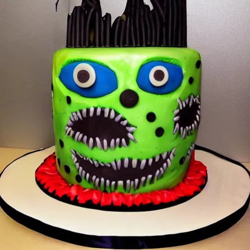 Prompt: a scary monster anniversary cake with candles veins eyeballs, very disgusting, photo