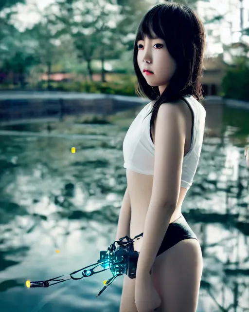 Image similar to beautiful centered photo of korean girl as a solarpunk cyborg with white mechanical parts and implanted bright halogen lamps, treading above calm water, ultra - realistic and detailed, sun lit, white background, bokeh, soft focus, slow exposure hdr 8 k