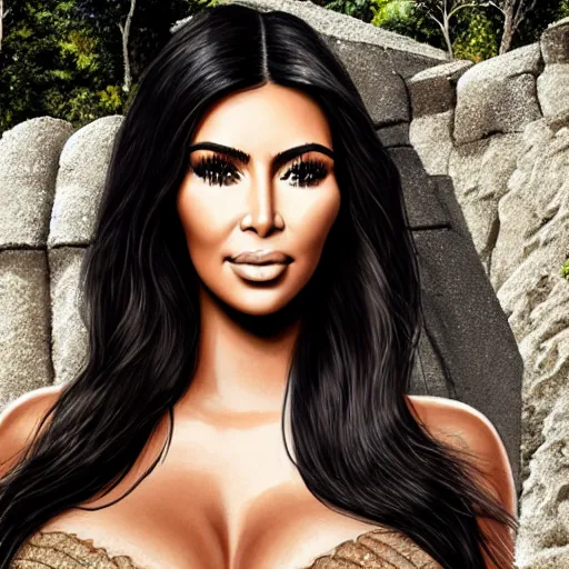 Prompt: detailed portrait of kim kardashian in mayan pyramid jungle ruins