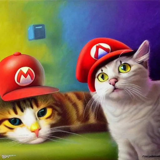 Prompt: A beautiful oil painting of a Cat wearing a Super Mario Hat, nintendo, box art, intricate, volumetric lighting, summer, hyperrealistic, colorful, hyperdetailed.