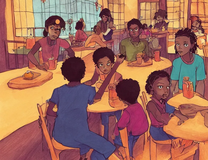 Image similar to brown - skinned witch kids in a suspicious cafe. complementary colors, copic markers, indie concept art, bloom, chiaroscuro, backlighting, intricate details.