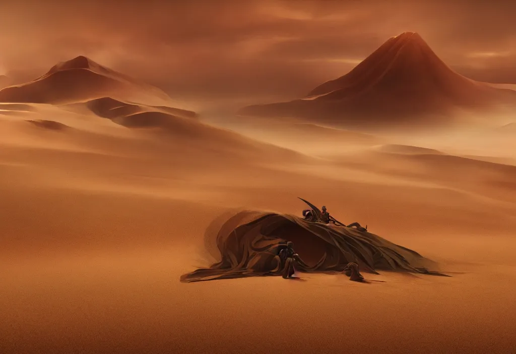 Prompt: a dramatic epic ethereal stunning beautiful and insanely detailed matte painting of the movie Dune, atmospheric!! and vaporwave composition, digital art by John Martin and Jean Giraud, winning-award masterpiece, fantastic, octane render, 8K HD Resolution, High quality image