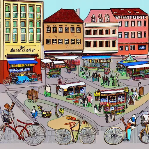 Image similar to detailed wimmelbilder cartoon image of a city square with shops and cars and bicycles and stands