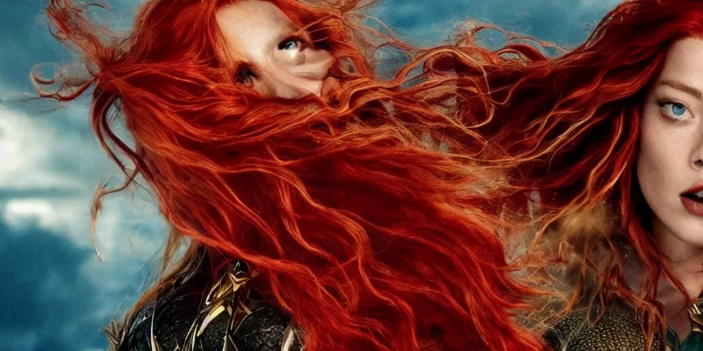 Image similar to red hair mera from aquaman played by amber heard fights captain jack sparrow played by johnny depp, motion blur, real life, spotted, leaked, ultra realistic face, accurate, 4 k, movie still, uhd, sharp, detailed, cinematic, render, modern