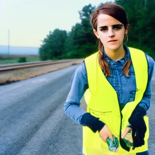 Prompt: emma watson in a hi vis vest picking up trash on the side of the interstate, portrait, kodak gold 2 0 0,