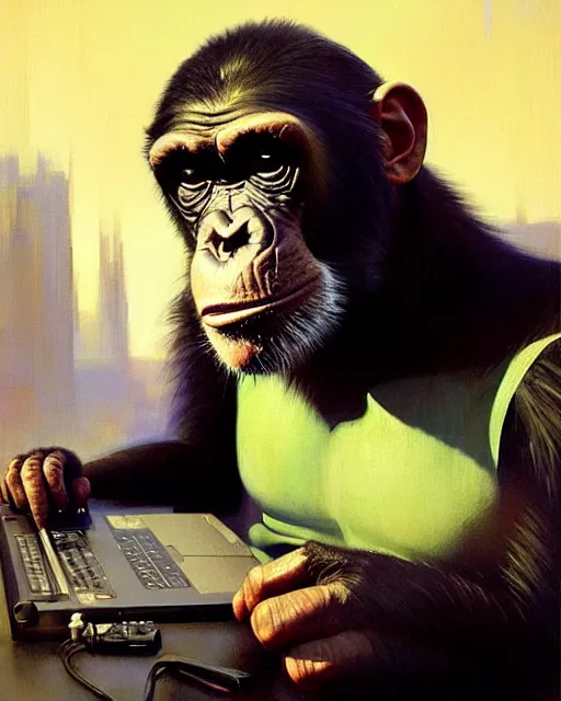 Prompt: cyberpunk augumented chimpanzee at the computer. art by greg rutkowski, gustave courbet, rosa bonheur, edward hopper. faithfully depicted facial expression, perfect anatomy, sharp focus, global illumination, radiant light, detailed and intricate environment, trending on artstation