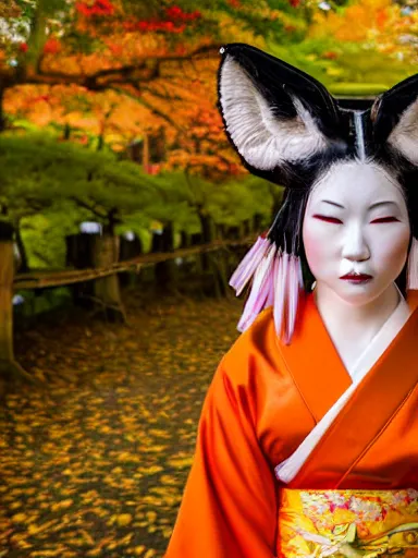 Prompt: full - color photo of a beautiful japanese kitsune goddess doing a ritual dance in a windy inari shinto shrine in kyoto full of autumn leaves. she is a human woman with fox - ears, a fox - tail, hands that are fox - paws, sharp fox - teeth, and a fox - nose. highly - detailed ; professional portrait photography.