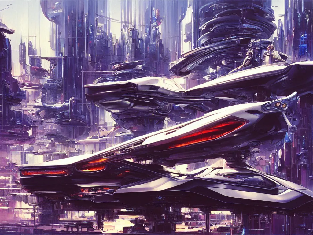 Prompt: hyperrealistic painting of a slice of life from a futuristic city, mechanical designs, futuristic vehicles, technological, detailed engineering, vivid color, elegant, meticulous, cinematic, cyberpunk style, highly detailed, realism, intricate, acrylic on canvas, 8 k resolution, concept art, by noriyoshi ohrai, john berkey, moebius