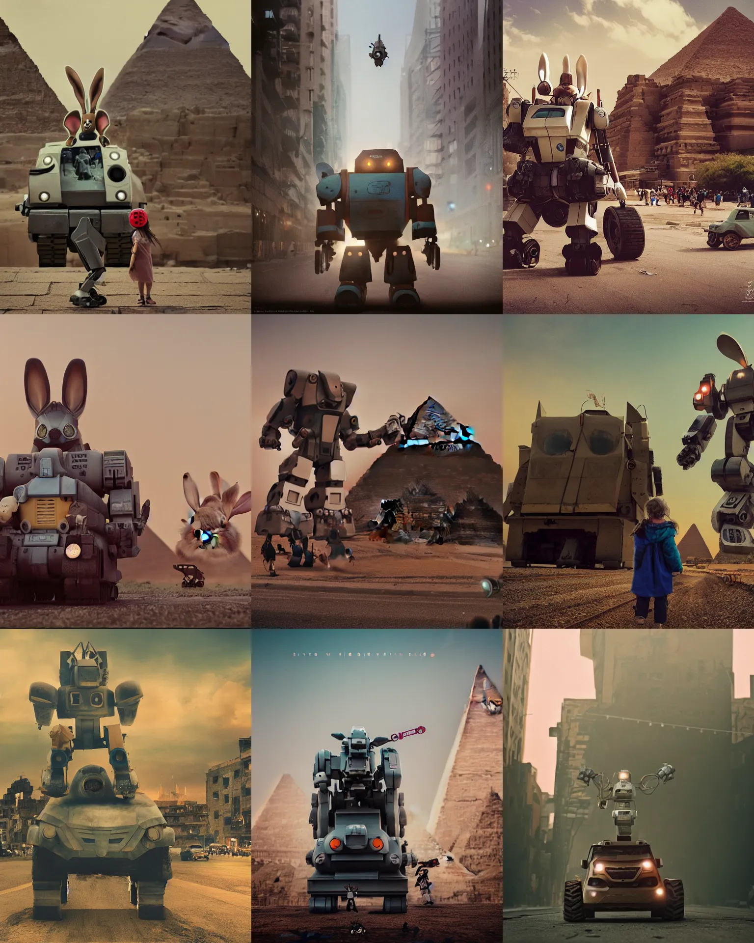 Prompt: epic battle pose! giant oversized battle rabbit robot chubby mech train cute with big ears and tiny rabbit driver in giza , Cinematic focus, Polaroid photo, vintage, neutral colors, soft lights, foggy, by gregory crewdson