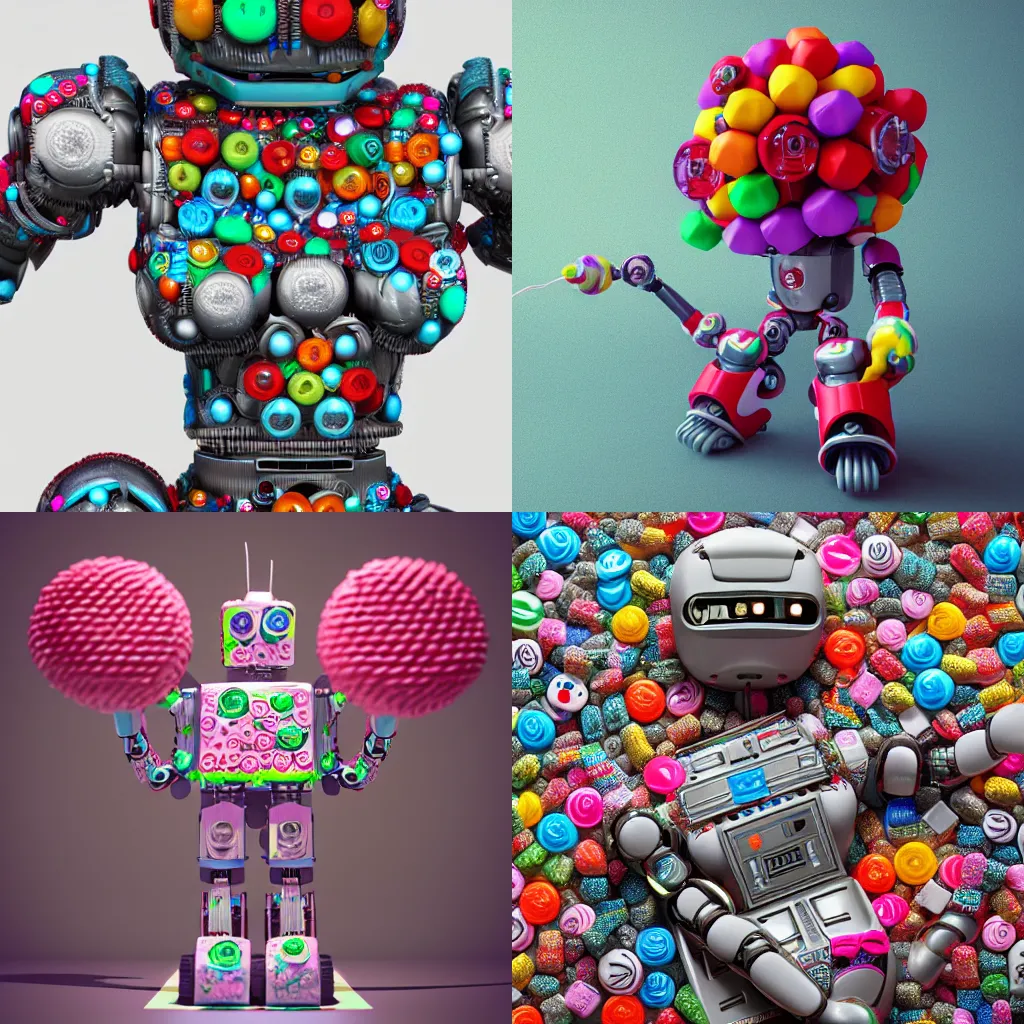 Prompt: The robot is entirely made of lollipops, ultra-detailed. octane render, trending on ArtStation