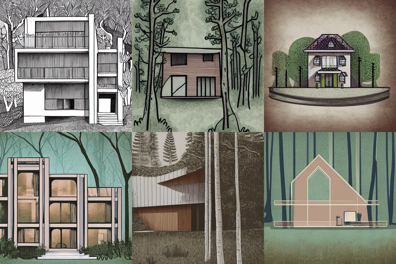 Prompt: intricate hand drawn Architectural Illustration of modern house in the forest, muted color