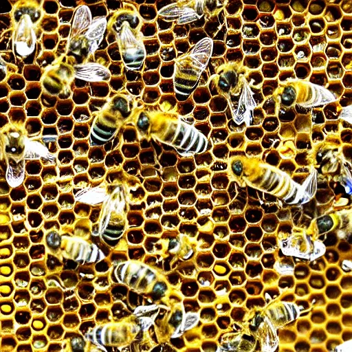 Prompt: microscopic image of bees building their hive, high resolution, 4 k