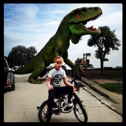 Image similar to an old photograph of taddl ( tj _ beastboy ) riding a real dinosaur, exciting