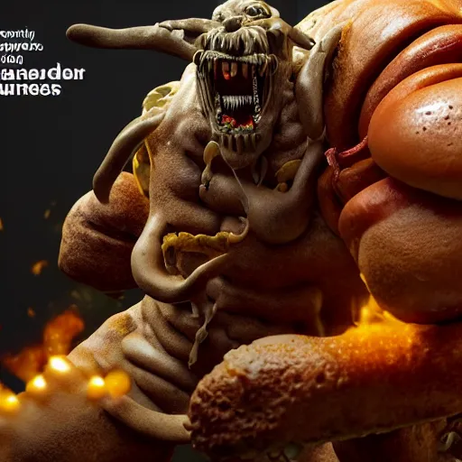 Image similar to a warrior fighting a giant cheeseburger demon that spits mustard. eldenring boss, zbrush, arnold render, unrealengine 5, dark souls, horror, extremely detailed