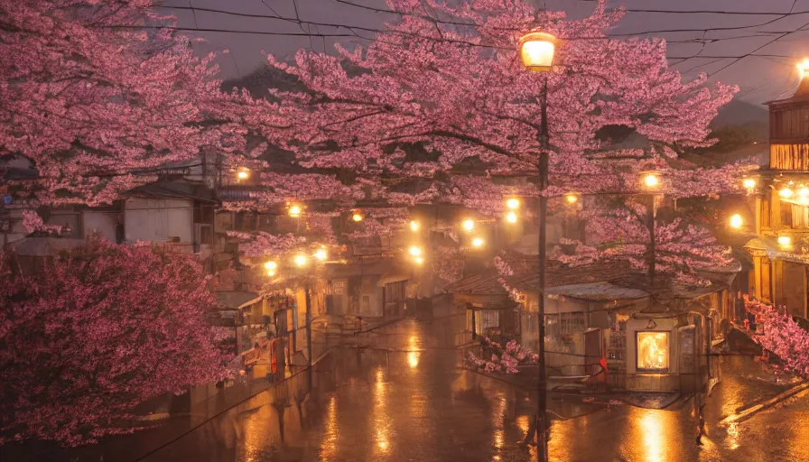 Prompt: a Wes Anderson 35mm film still of a very surreal magic small mountain town, like Kyoto, and Paris, golden hour, clean, falling cherry blossom pedals, in the style of Gucci, James Jean color palette, glowing warm lights and floating lanterns, foggy atmosphere, rainy, moody, muted colors, magic details, high detail, high resolution, 8k, cinematic look, octane render, psychedelic,