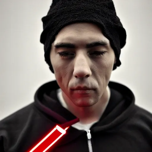 Image similar to a man with black hair in a black hoodie posing while holding a red lightsaber, Trending on artstation