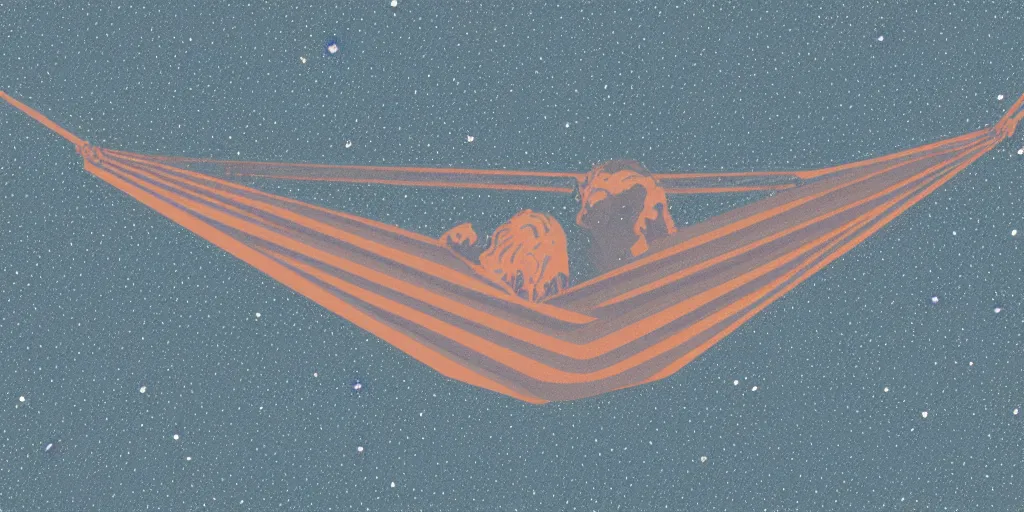 Image similar to a hammock under the stars, 1940s faded risograph print, illustration, limited color palette, earthtones, double-exposure, astrophotography