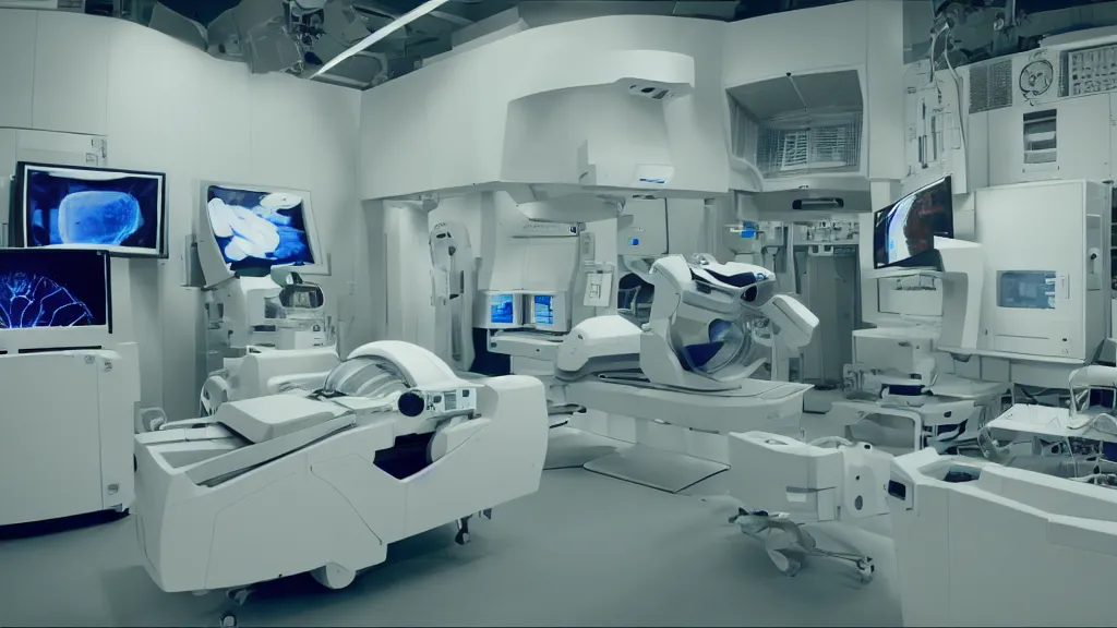 Image similar to an mri image machine and control panels in the inspection room, film still from the movie directed by denis villeneuve with art direction by salvador dali, wide lens